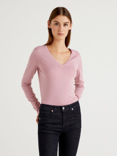 Pastel Pink Women's Benetton Long Sleeve V-neck T Shirts | AU098586