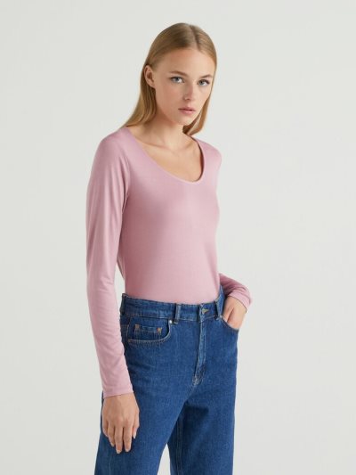 Pastel Pink Women's Benetton Sustainable Stretch Viscose Long Sleeve T-shirts | AU336999