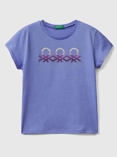 Periwinkle Kids' Benetton Glittery Logo Organic Cotton Short Sleeve T-shirts | AU355693