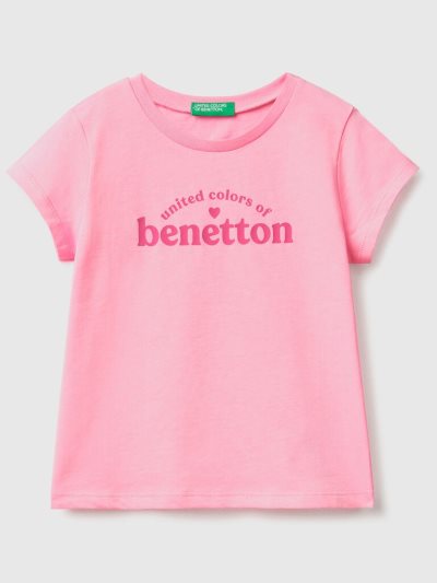 Pink Kids' Benetton 100% Cotton Logo Short Sleeve T-shirts | AU404583