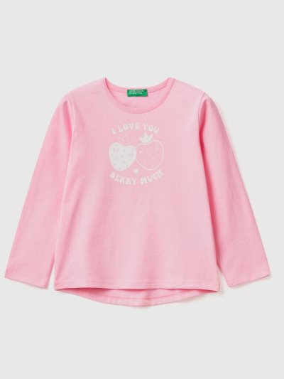 Pink Kids' Benetton 100% Cotton Print Long Sleeve T-shirts | AU789990