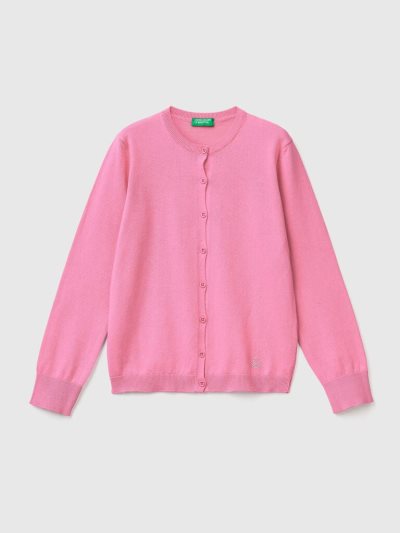 Pink Kids' Benetton Crew Neck Cotton Blend Cardigan | AU865787