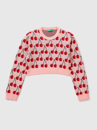 Pink Kids' Benetton Cropped Cherry Pattern Sweaters | AU544955