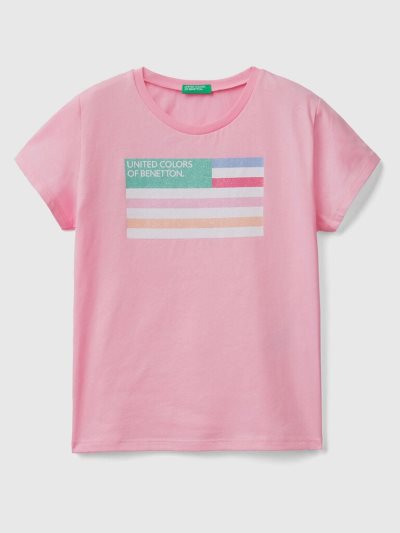 Pink Kids' Benetton Glittery Logo Organic Cotton Short Sleeve T-shirts | AU321749