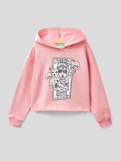 Pink Kids' Benetton Jccxucb Cropped Print Hoodie | AU732170