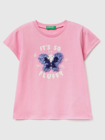 Pink Kids' Benetton Petal Look Applique Short Sleeve T-shirts | AU247304