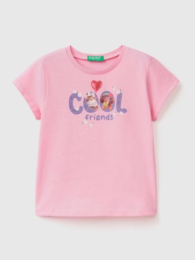 Pink Kids' Benetton Photographic Print Short Sleeve T-shirts | AU714238