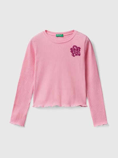 Pink Kids' Benetton Ribbed Embroidery Long Sleeve T-shirts | AU178078