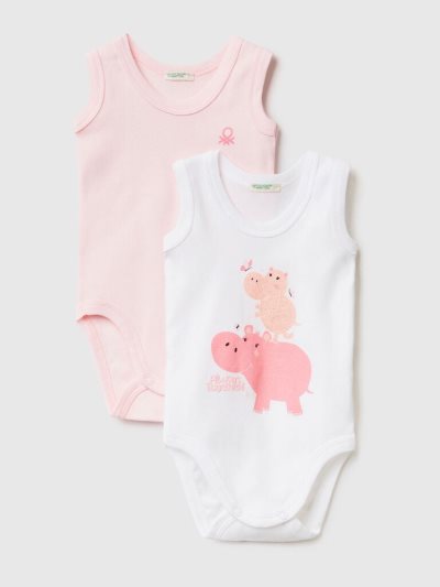 Pink Kids' Benetton Two Organic Cotton Printed Bodysuits | AU365651