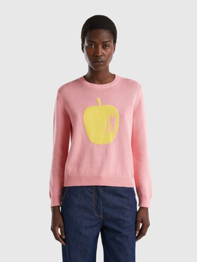 Pink Women's Benetton Apple Inlay Crew Neck Sweaters | AU513963