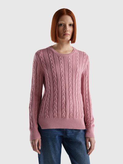 Pink Women's Benetton Cable Knit 100% Cotton Crew Neck Sweaters | AU165052