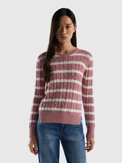 Pink Women's Benetton Cable Knit 100% Cotton Crew Neck Sweaters | AU880353