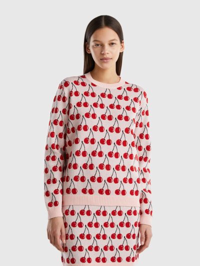 Pink Women's Benetton Cherry Pattern Crew Neck Sweaters | AU567703