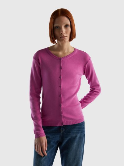 Pink Women's Benetton Crew Neck Pure Cotton Cardigan | AU872373