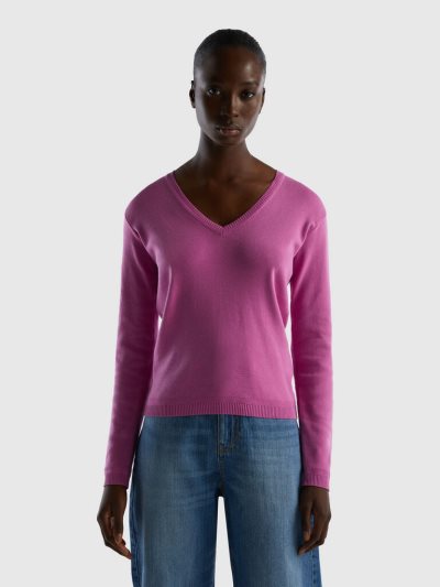 Pink Women's Benetton Pure Cotton V-neck Sweaters | AU292079