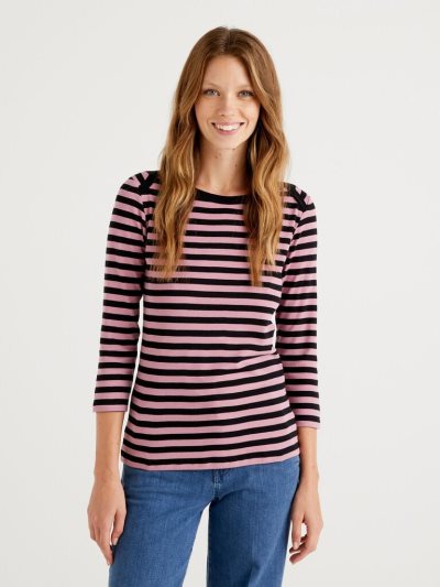 Pink Women's Benetton Striped 3/4 Sleeve 100% Cotton T Shirts | AU065037