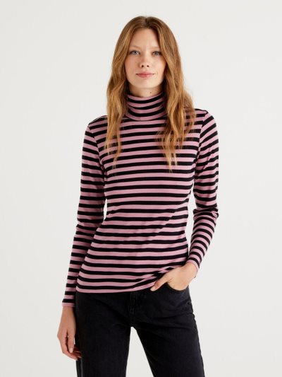 Pink Women's Benetton Striped Turtleneck Long Sleeve T-shirts | AU976273