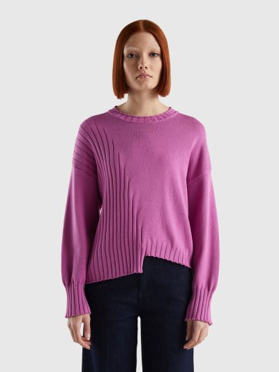 Pink Women's Benetton Uneven Bottom Crew Neck Sweaters | AU979358