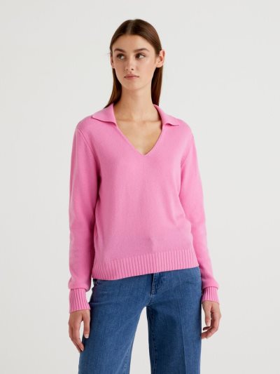 Pink Women's Benetton Wool And Cashmere V-neck Sweaters | AU240351