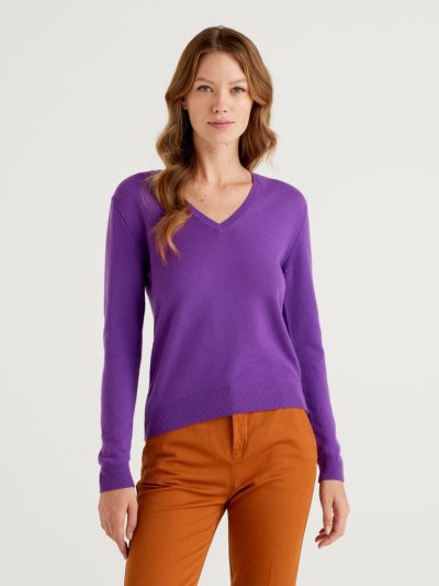 Purple Women's Benetton Pure Merino Wool V-neck Sweaters | AU464984