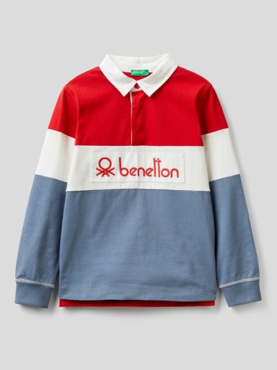 Red Kids' Benetton 100% Cotton Rugby Long Sleeve Polos | AU012782