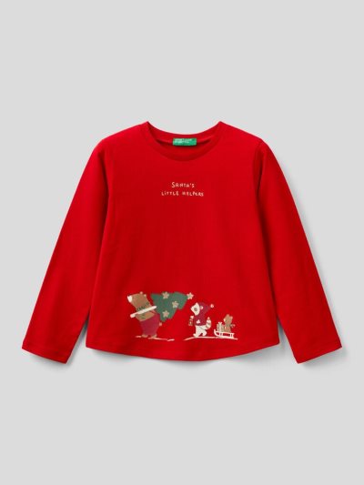 Red Kids' Benetton Christmas Prints Long Sleeve T-shirts | AU913928