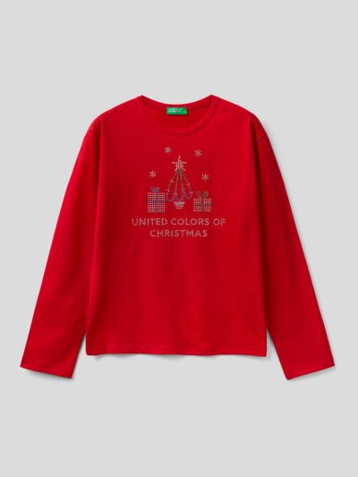 Red Kids' Benetton Christmas Warm Organic Cotton Long Sleeve T-shirts | AU376134