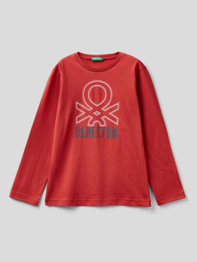 Red Kids' Benetton Long Sleeve Organic Cotton T Shirts | AU736448