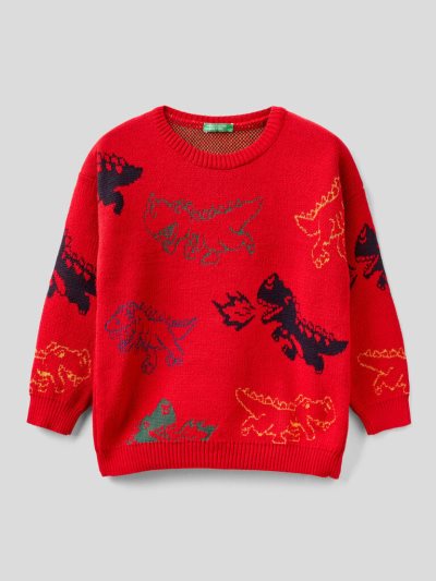 Red Kids' Benetton Patterned Crew Neck Sweaters | AU515109