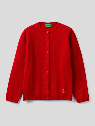 Red Kids' Benetton Rhinestone Logo Crew Neck Cardigan | AU232257