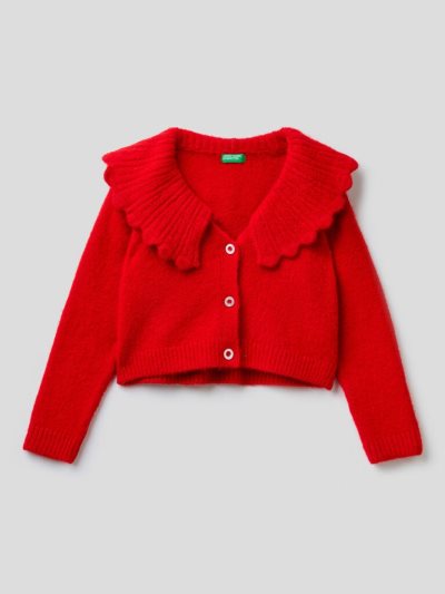 Red Kids' Benetton Ruffled Collar Cardigan | AU714624