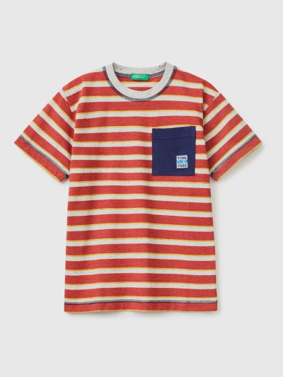 Red Kids' Benetton Striped Pocket Short Sleeve T-shirts | AU086869