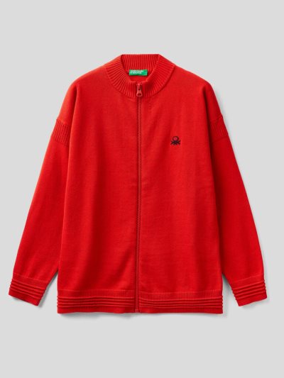 Red Kids' Benetton Zip-up 100% Cotton Cardigan | AU597536