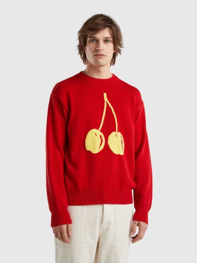 Red Men's Benetton Cherry Inlay Crew Neck Sweaters | AU267584