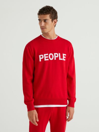 Red Men's Benetton Inlaid Slogan Crew Neck Sweaters | AU696070