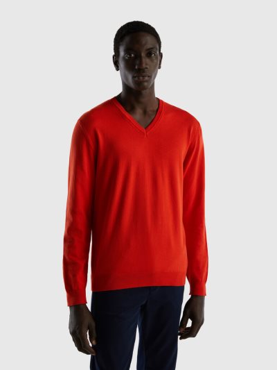 Red Men's Benetton Pure Cotton V-neck Sweaters | AU290669