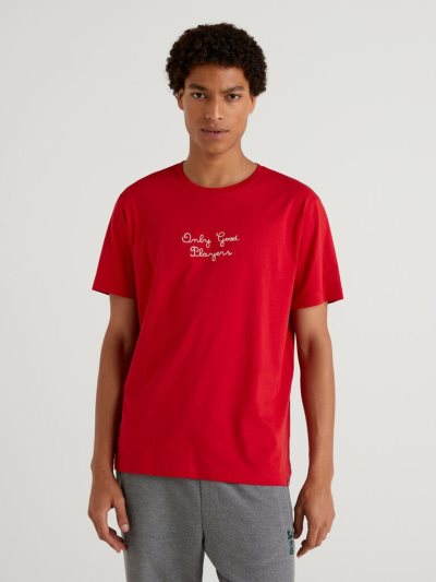 Red Men's Benetton Relaxed Fit Embroidery Short Sleeve T-shirts | AU821245