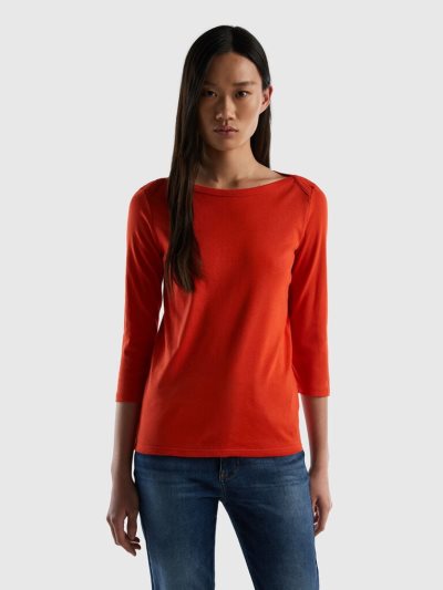 Red Women's Benetton 100% Cotton Boat Neck Long Sleeve T-shirts | AU162505