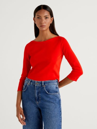 Red Women's Benetton 100% Cotton Boat Neck Long Sleeve T-shirts | AU412354