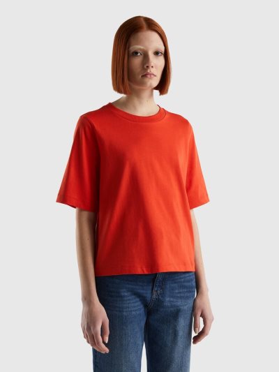 Red Women's Benetton 100% Cotton Boxy Fit Short Sleeve T-shirts | AU223430