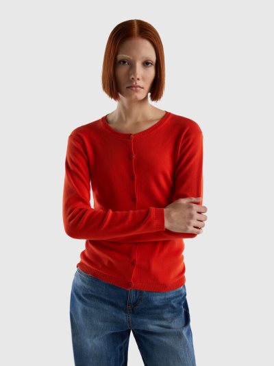 Red Women's Benetton Crew Neck Pure Cotton Cardigan | AU443404