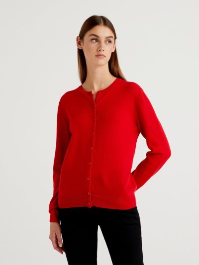 Red Women's Benetton Crew Neck Pure Merino Wool Cardigan | AU170554