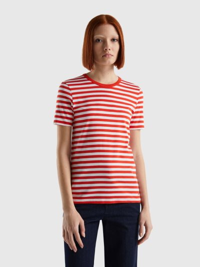 Red Women's Benetton Crew Neck Striped Short Sleeve T-shirts | AU053225