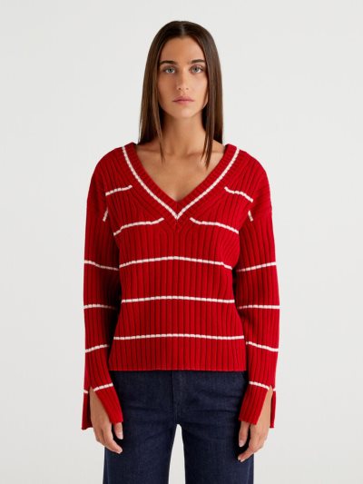 Red Women's Benetton Double Fit V-neck Sweaters | AU094480