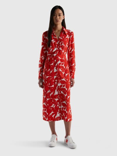 Red Women's Benetton Floral Shirt Dress Pure Viscose Dress | AU876592