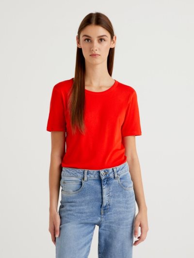 Red Women's Benetton Long Fiber Cotton Short Sleeve T-shirts | AU079989