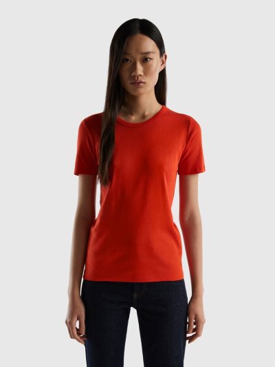 Red Women's Benetton Long Fiber Cotton Short Sleeve T-shirts | AU886112