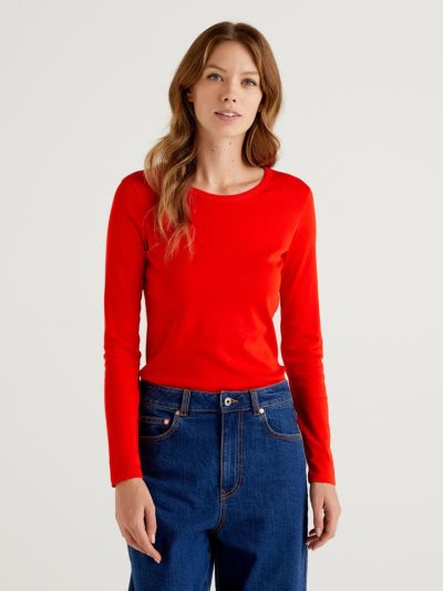 Red Women's Benetton Long Sleeve Pure Cotton T Shirts | AU969403