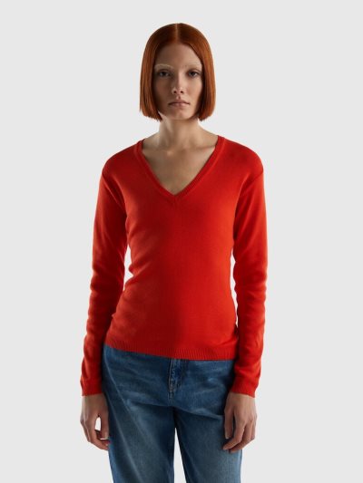 Red Women's Benetton Pure Cotton V-neck Sweaters | AU324991