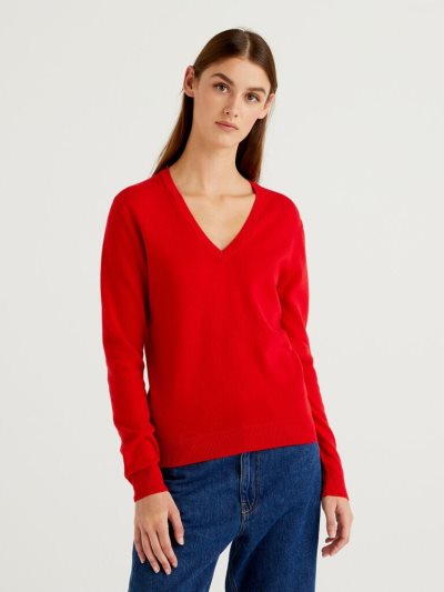 Red Women's Benetton Pure Merino Wool V-neck Sweaters | AU784792